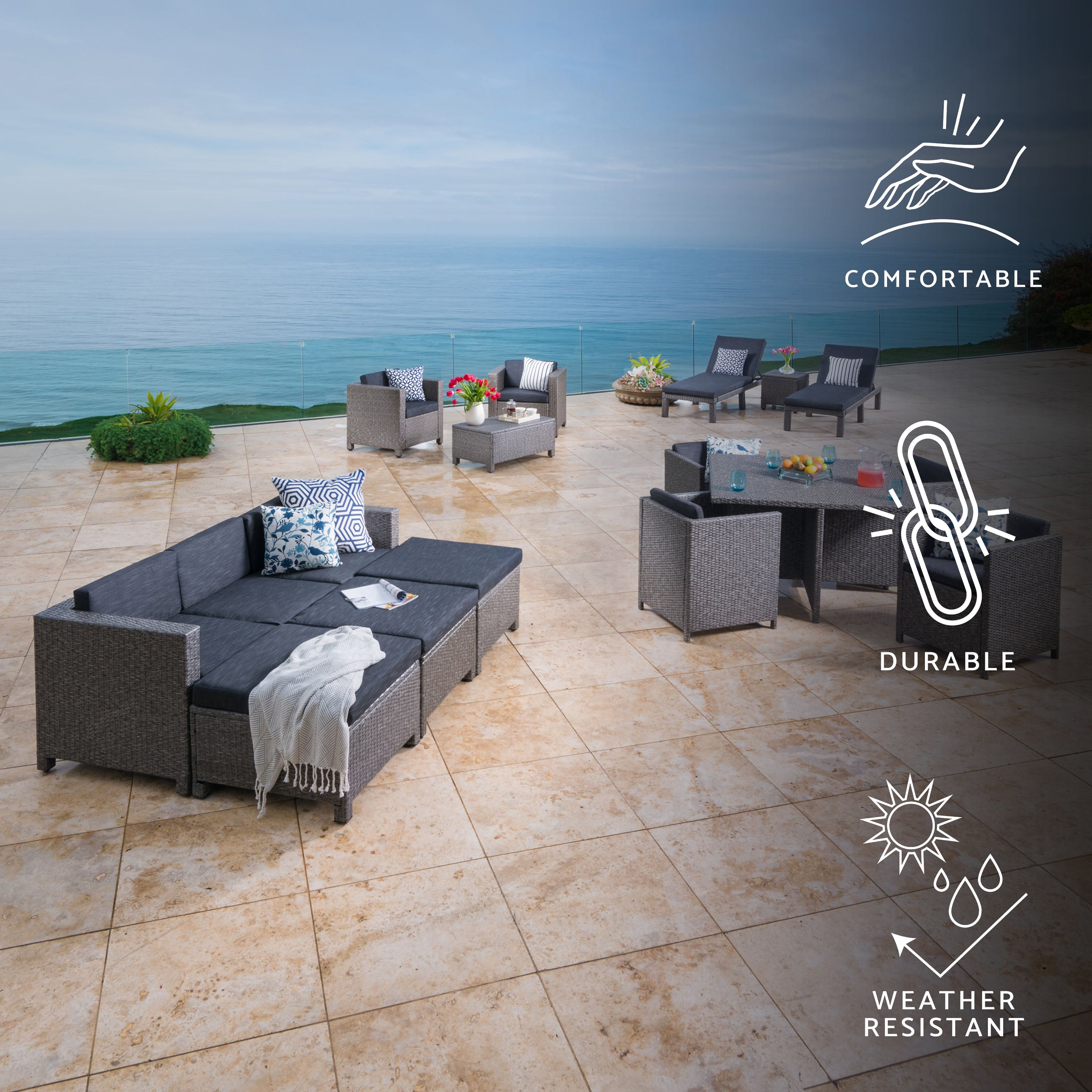 Phillips Outdoor 17 PcWicker Patio Set w/Water Resistant Cushion