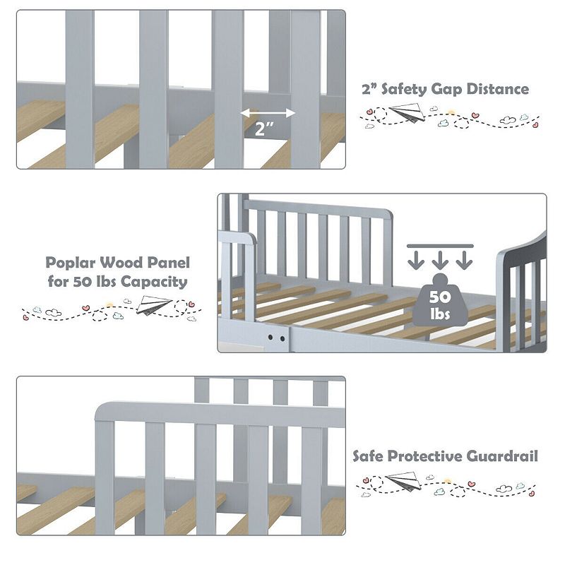 Classic Design Kids Wood Toddler Bed Frame with Two Side Safety Guardrails