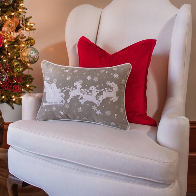 Indoor Christmas x27 santa Sleigh amp Reindeers x27 Gray Rectangular Throw Pillow Pillow Perfect