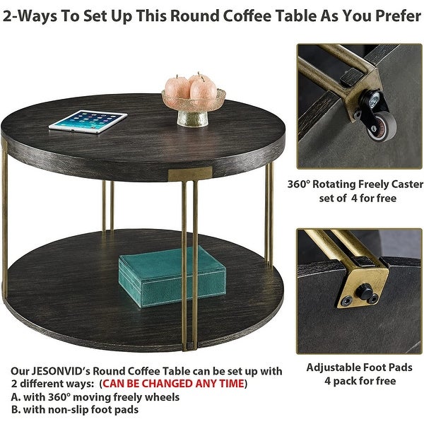 Round Coffee Table 2-Tier Cocktail Table with Storage Shelf Solid Wood