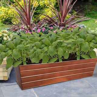 Benjara Large Copper Rectangular Metal Flower Planter Box with Embossed Line Design BM195218