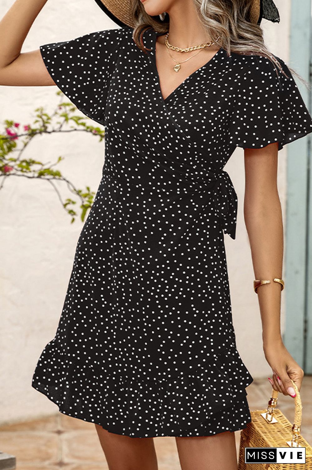 Polka Dot Print V Neck Short Dress Wholesale