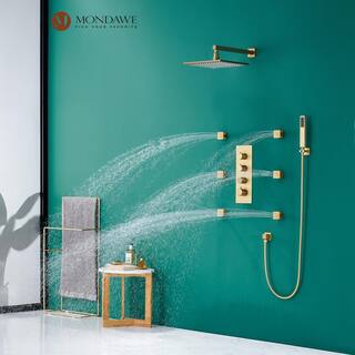 Mondawe Luxury LED Thermostatic 3-Spray Patterns 12 in. Wall Mount Rain Dual Shower Heads with 6-Jet in Brush Gold WF-6374-12-BG