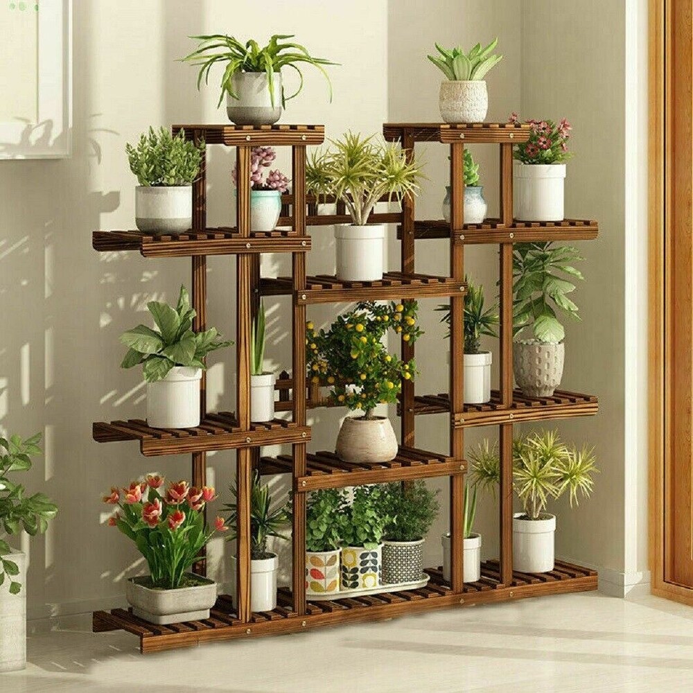 Large 11 Tiered Wood Plant Stand Carbonized Pot Shelf Holder