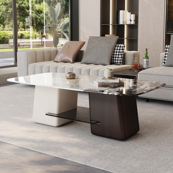 Modern Coffee Table with White and Black Top and Dark Brown and White Lacquered Legs