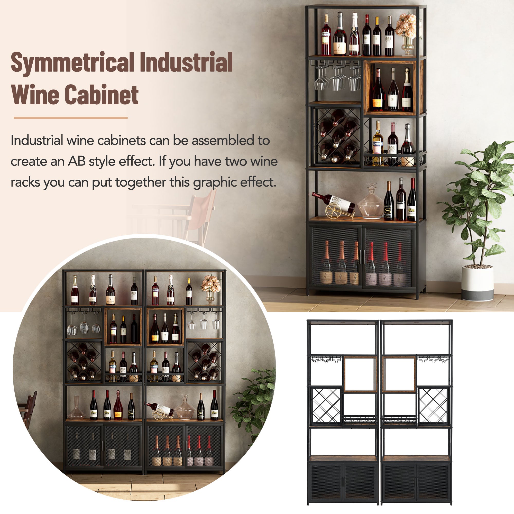 Industrial Tall Black Bar Wine Rack, 82.7 inch Wooden Home Bar Cabinet