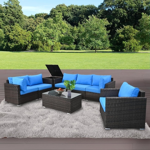 8Pieces Brown Wicker Outdoor Sectional Set with Glass Coffee Table