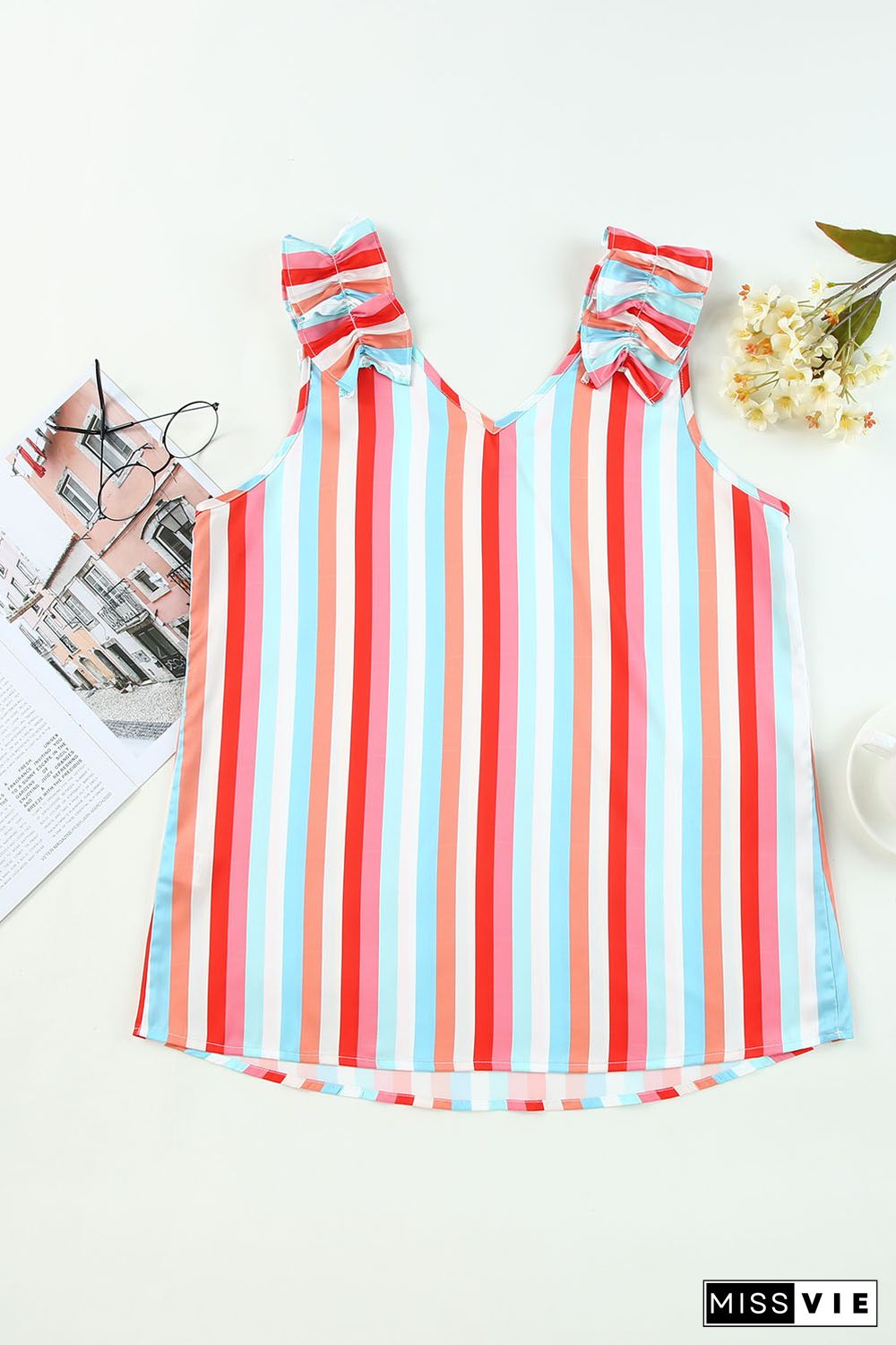 Multicolor Striped V Neck Ruffle Straps Tank Top