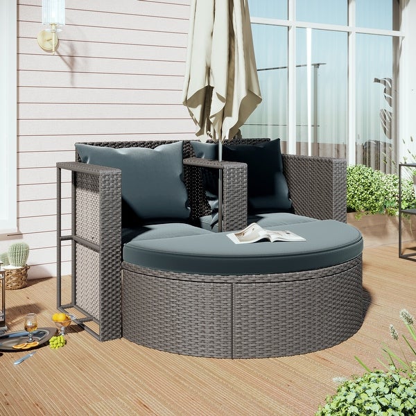 2-Pieces Outdoor Patio Garden Half-Moon Sectional Furniture Set for 2， PE Wicker Cushion Sofa Set with Side Table for Umbrella - Overstock - 37476145