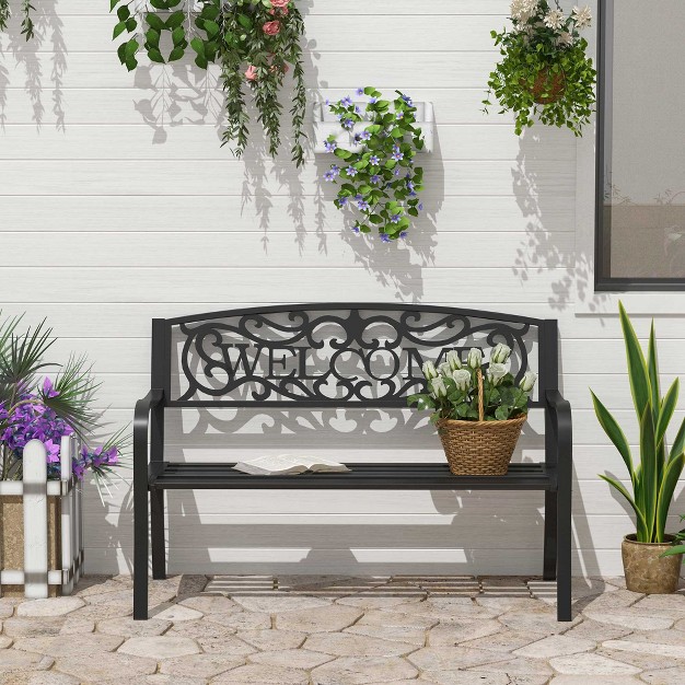 Outdoor Metal Welcome Bench Powder Coated Cast Iron Sign amp Steel Frame 2 Person Bench With Antique Vine Motifs amp Slatted Seat Black