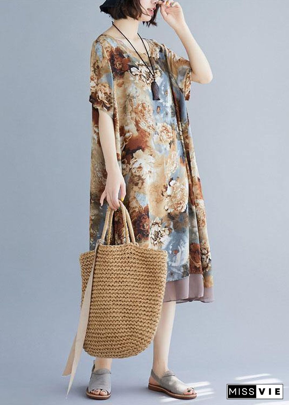 Loose floral clothes o neck short sleeve loose Dress