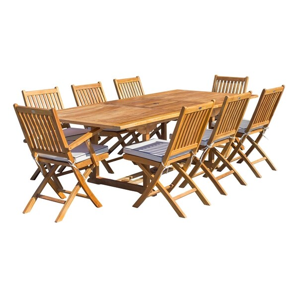 Seven Seas Teak 9 Piece Teak Wood Santa Monica Patio Dining Set，Rectangular Extension Table，8 Folding Arm and Side Chairs