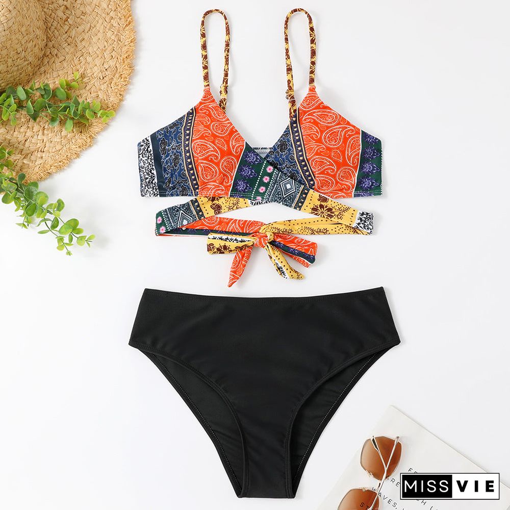 Cross Straps Printed,Graphic Bikini Set