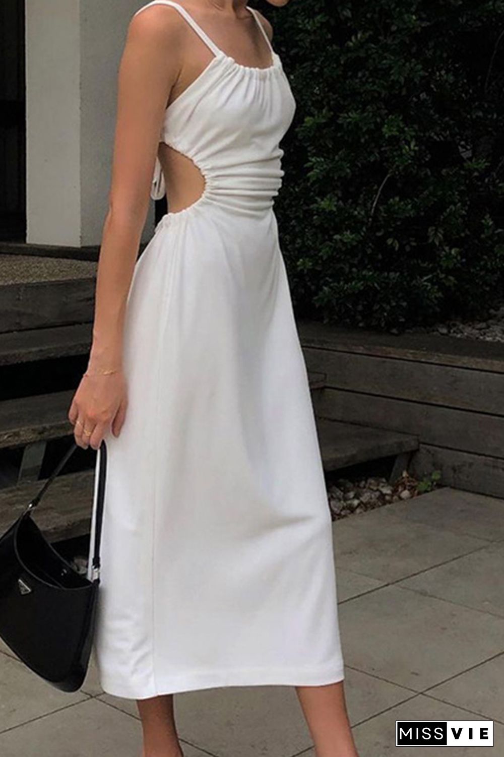 Solid Color Backless Sling Midi Dress Wholesale