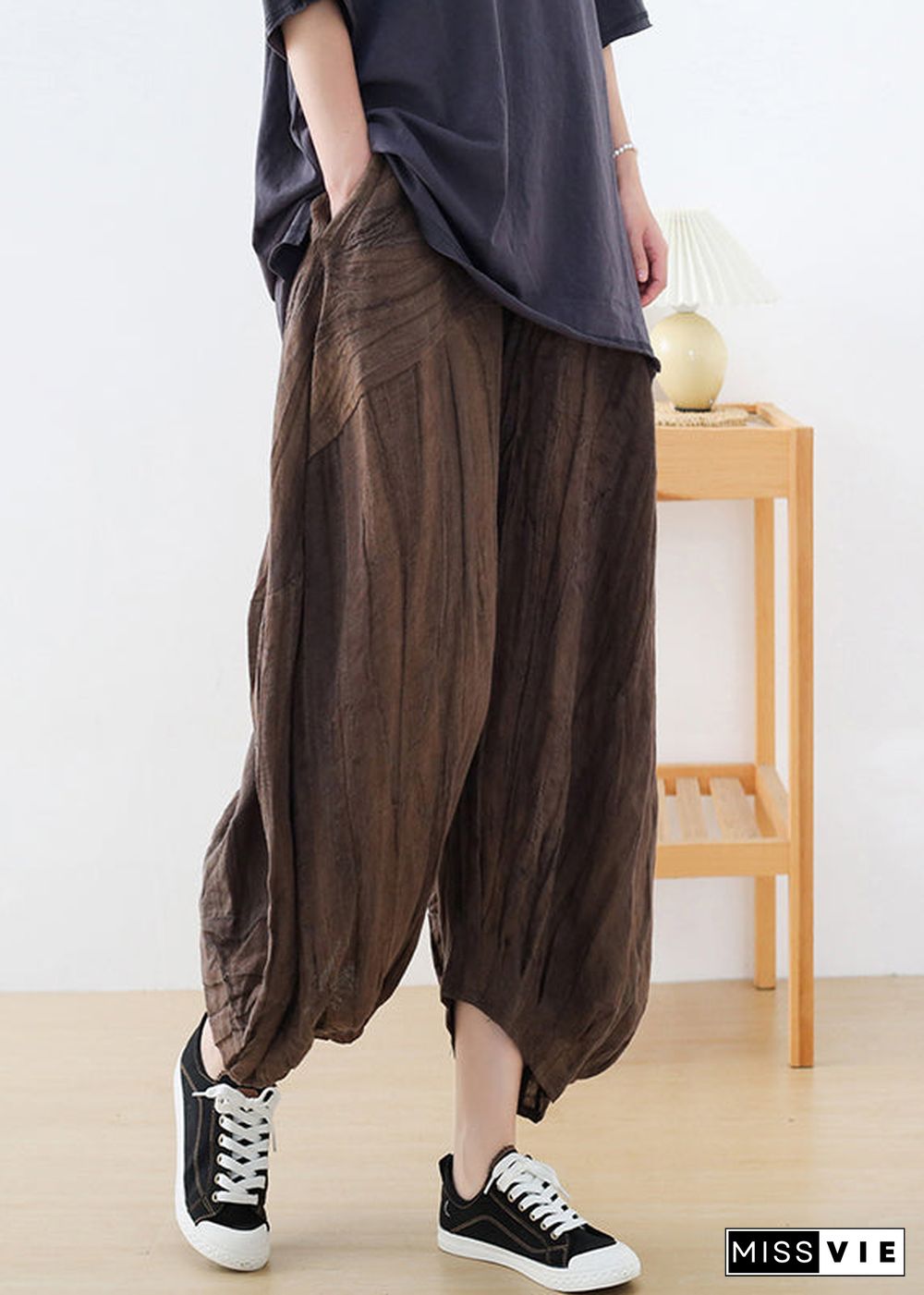 Casual Coffee Tie Dye Wrinkled Linen Lantern Pants Fall