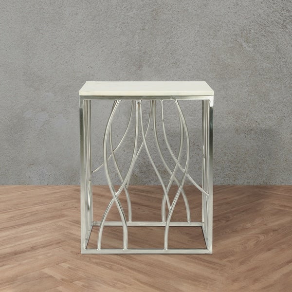 Roundhill Furniture Kameral Square Marble End Table with Stainless Steel Base