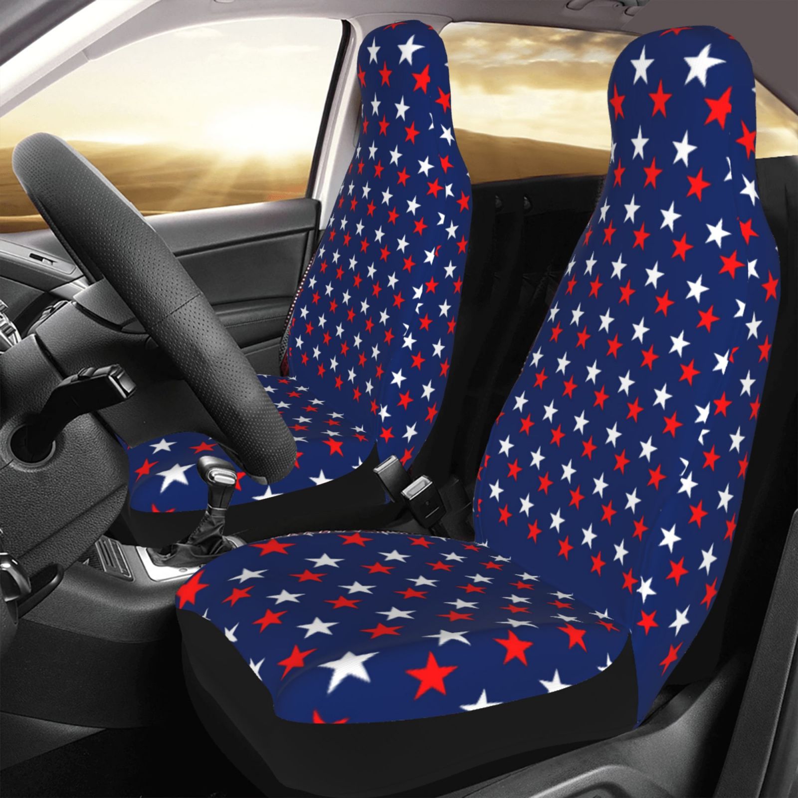 TEQUAN Front Seat Covers， America Patriotic Red White Blue Stars Pattern 2 Piece Car Seat Cover Fit Most Car SUV Truck Van