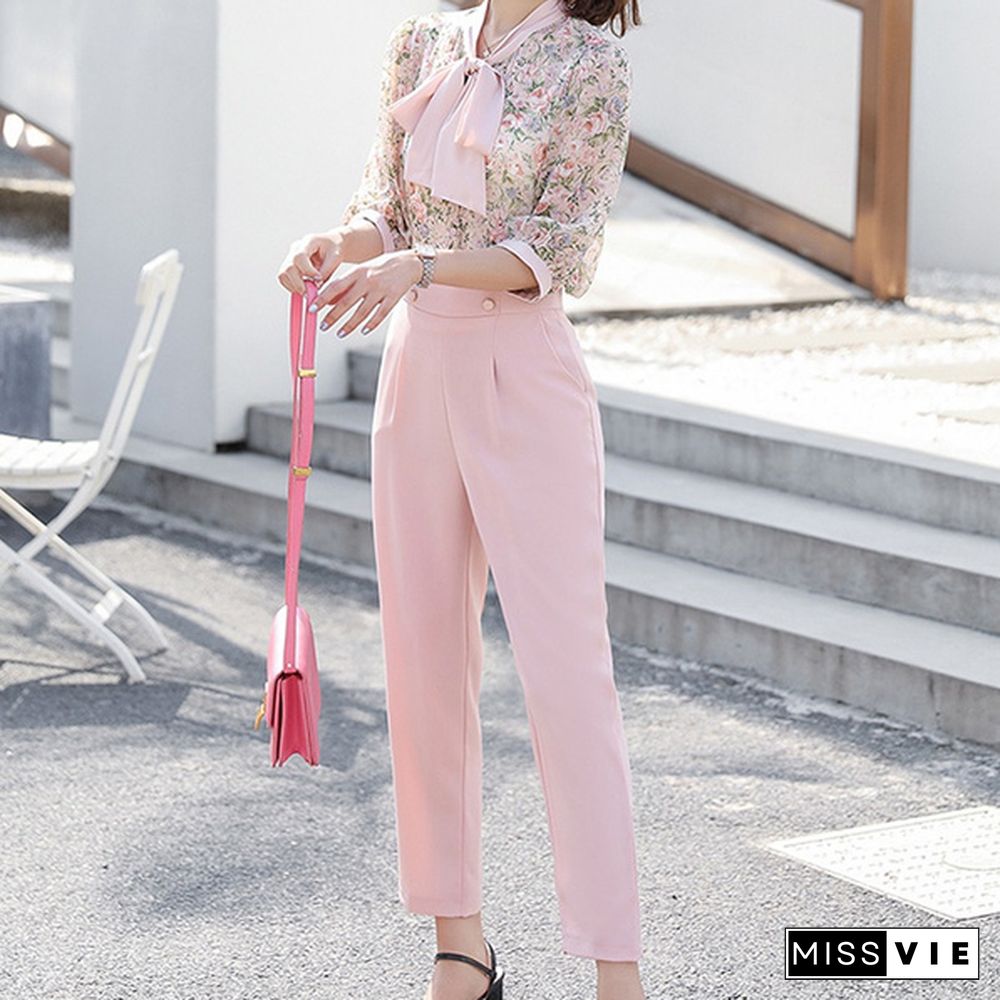 Korean Fashion Suit Female Chiffon Printed Shirt Top And Pants Summer Two Piece Set Ol Women Sets Casual Elegant Outfit