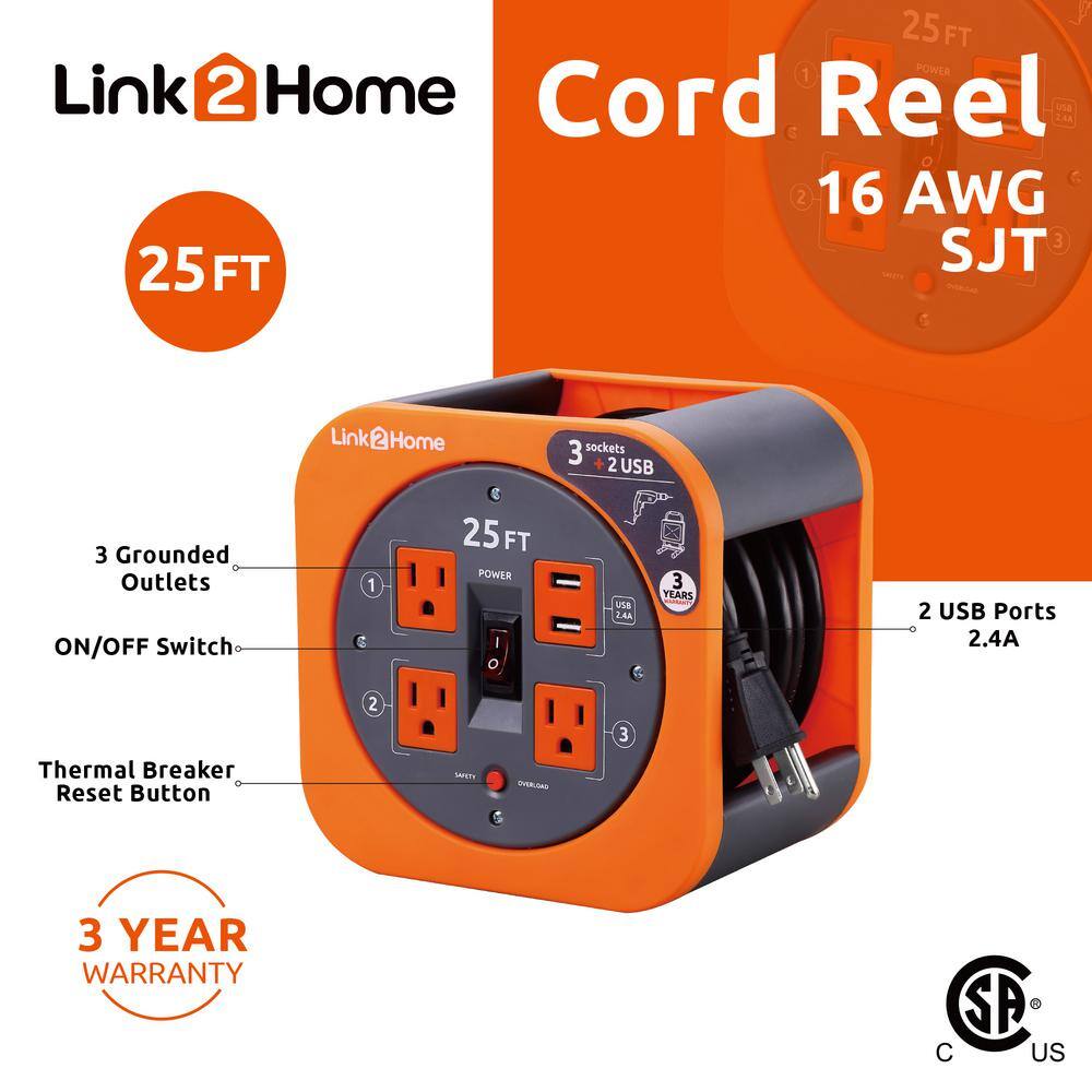 Link2Home 25 ft. 163 Extension Cord Storage Reel with 3 Grounded Outlets 2 USB 3.4 Amp and Overload Reset Button EM-EL-275E