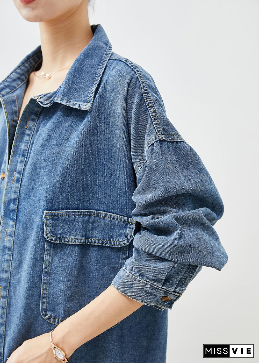 Simple Blue Oversized Pockets Denim Coat Outwear Fall