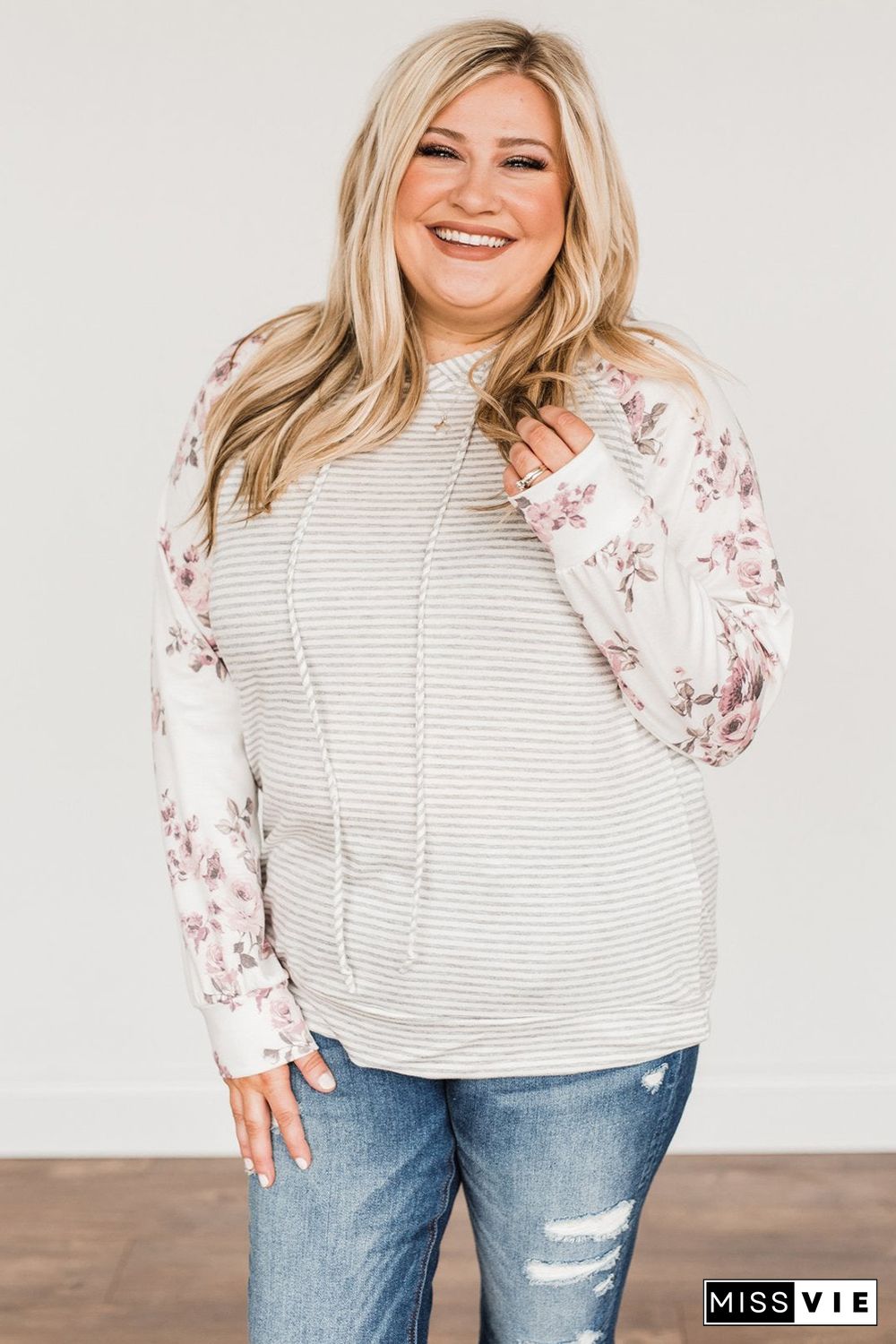 Plus Size Floral Raglan Sleeve Striped Hoodie