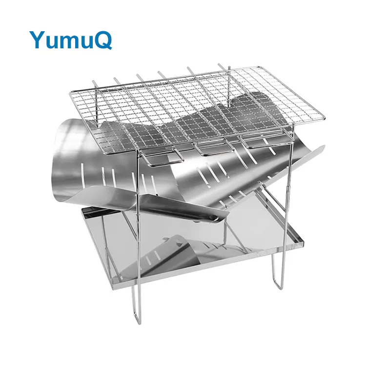 YumuQ 38.5cm Stainless Steel Portable Foldable Wood Outdoor Camping Stove With Iron Grill For Home Hiking Travel