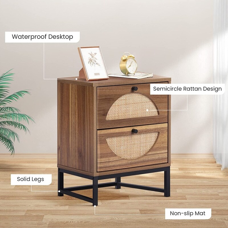 Modern Minimalism Nightstand  Bohemian Wood Bedside Table with Woven Rattan Drawers  Sofa Side Table  Rustic Farmhouse End Table