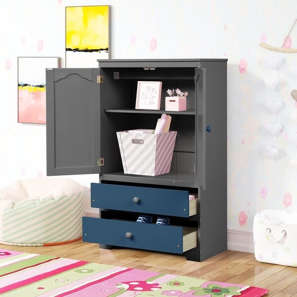 Cute Children's Wardrobe Side Cabinet 2 Doors with 1 Clothes Rail， 1 Shelf， 2 Drawers， Anti-Falling Hardware - - 36073581