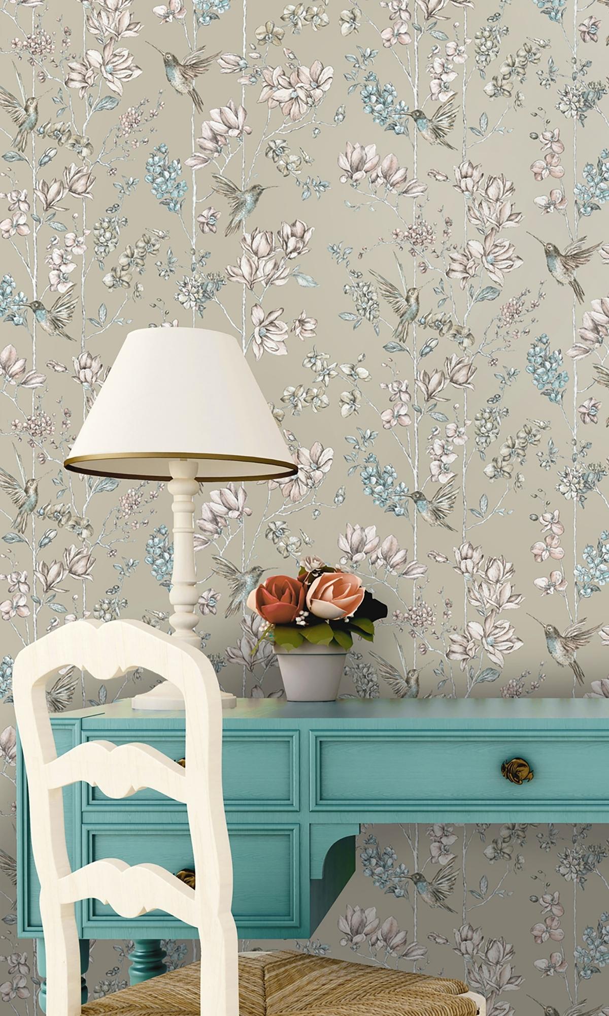 Painted Flowers and Hummingbirds Charm Gilver Floral Wallpaper