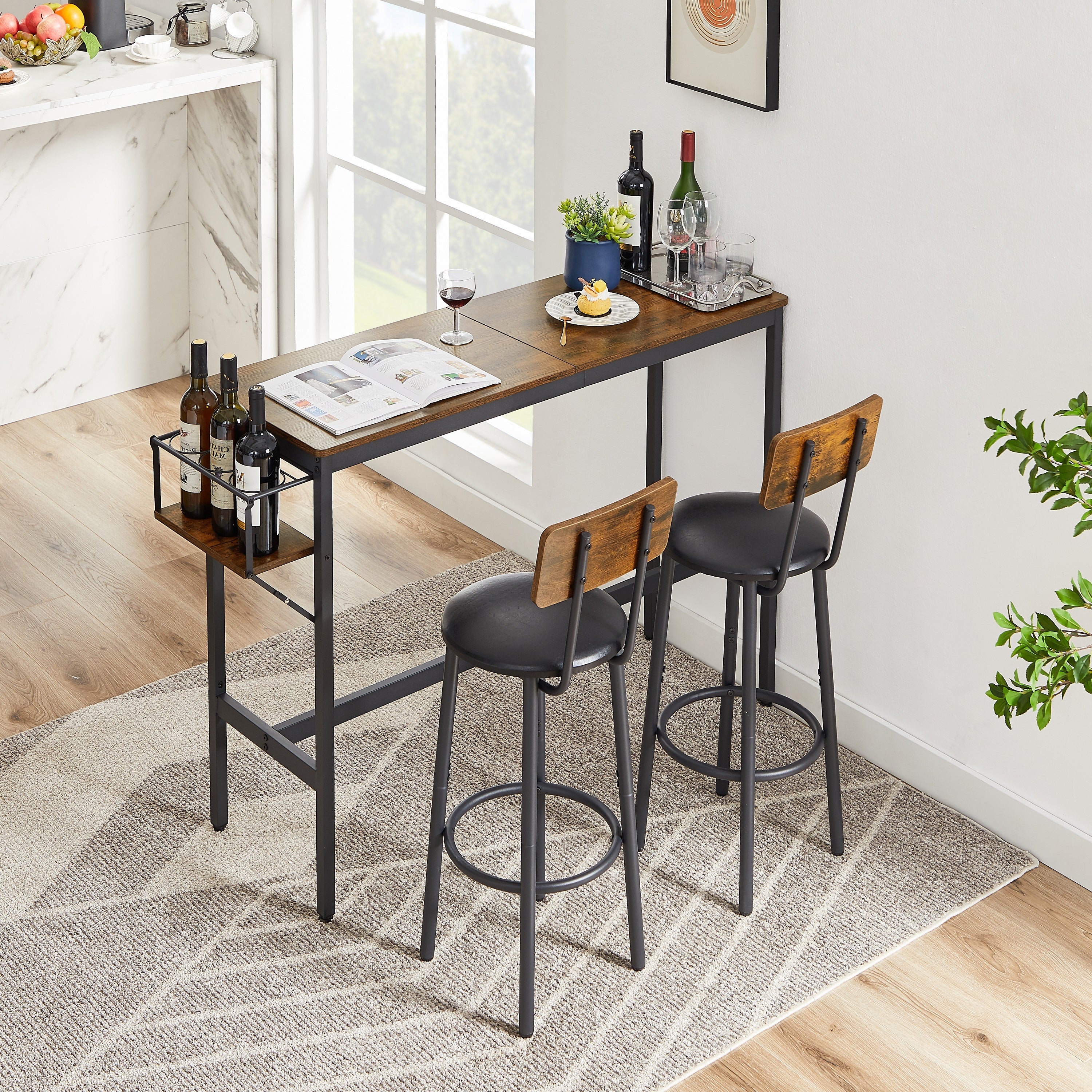 3pcs Industrial Style Bar Table Set with Wine Bottle Storage Rack