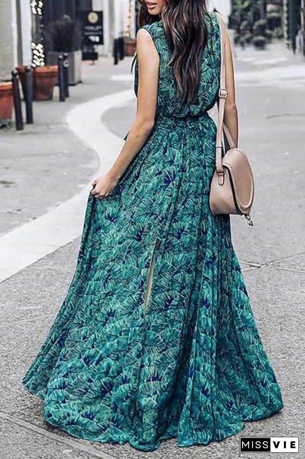 Women Summer  Green & Blue Leaf Maxi Dress