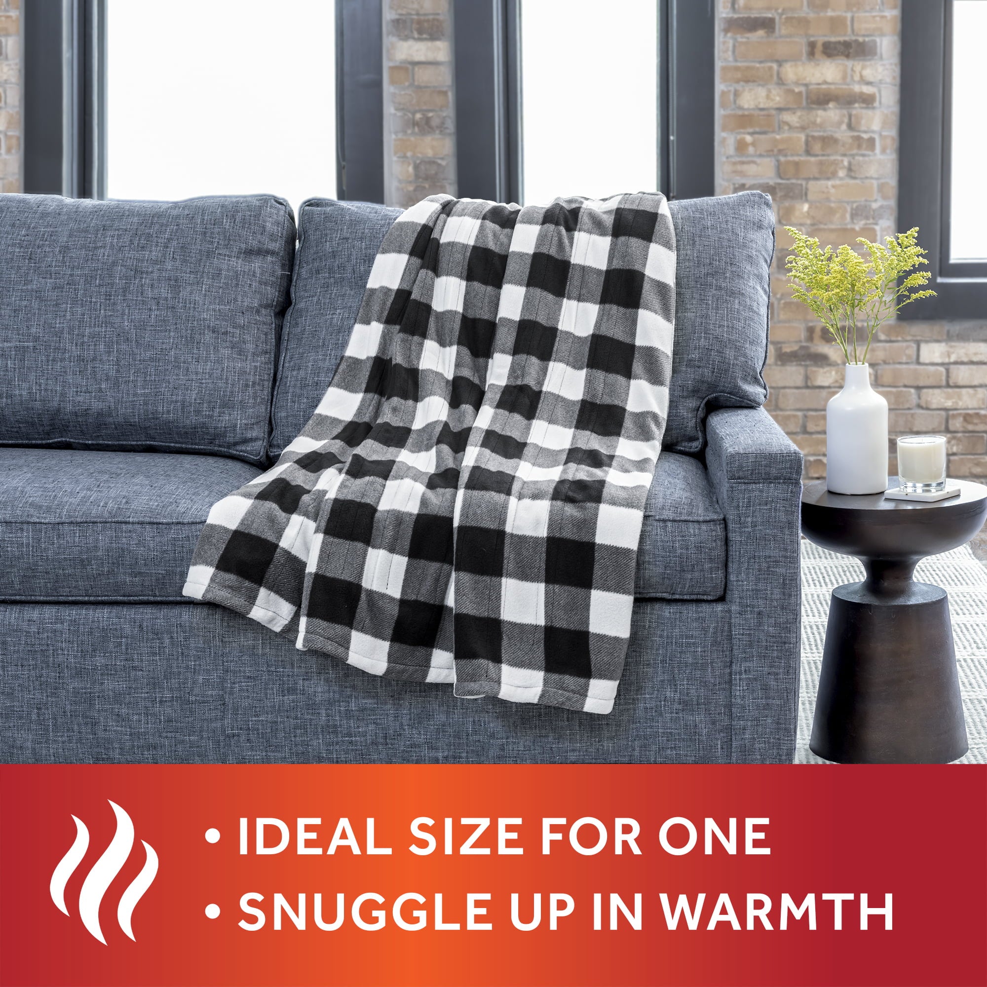 Sunbeam White Black Buffalo Plaid Fleece Electric Heated Throw， 50