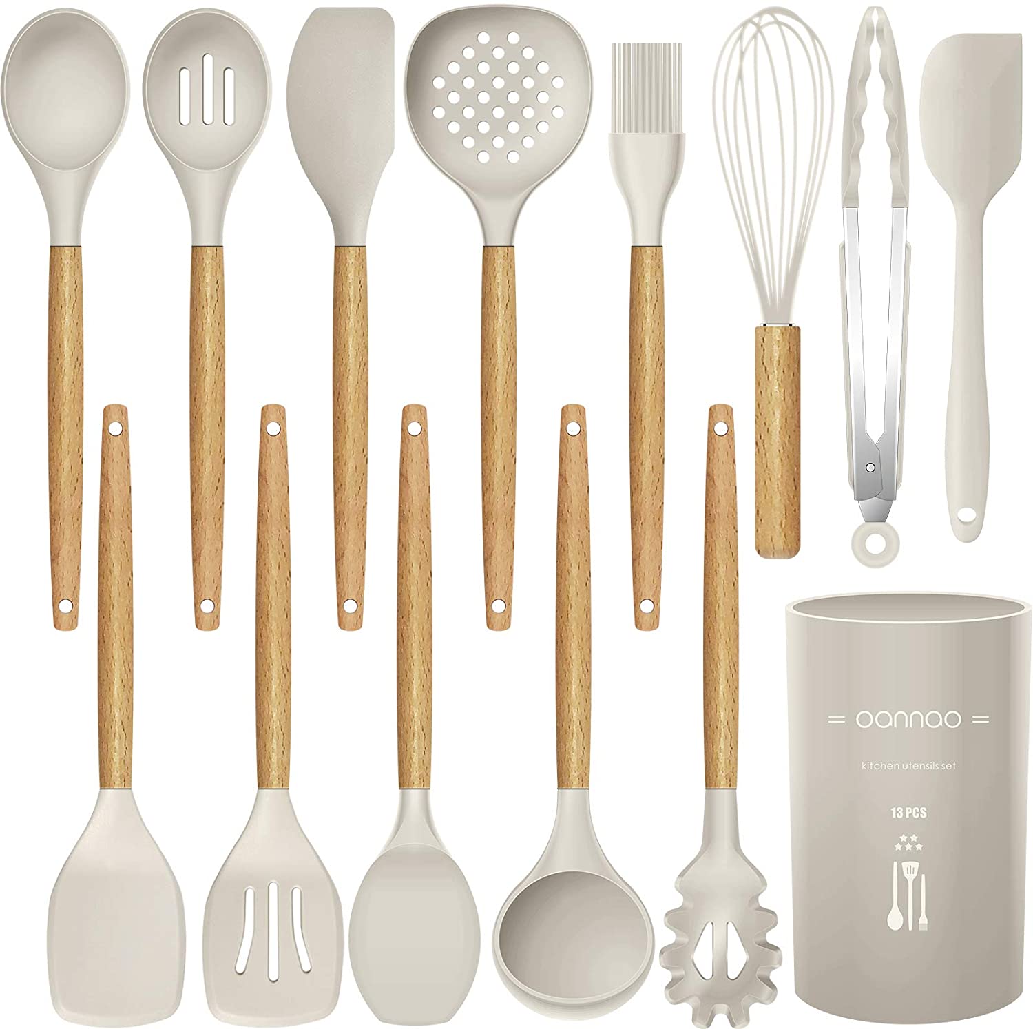 14 Pcs Silicone Cooking Utensils Kitchen Utensil Set - 446°F Heat Resistant,Turner Tongs,Spatula,Spoon,Brush,Whisk. Wooden Handles Khaki Kitchen Gadgets Tools Set for Non-stick Cookware (BPA Free)