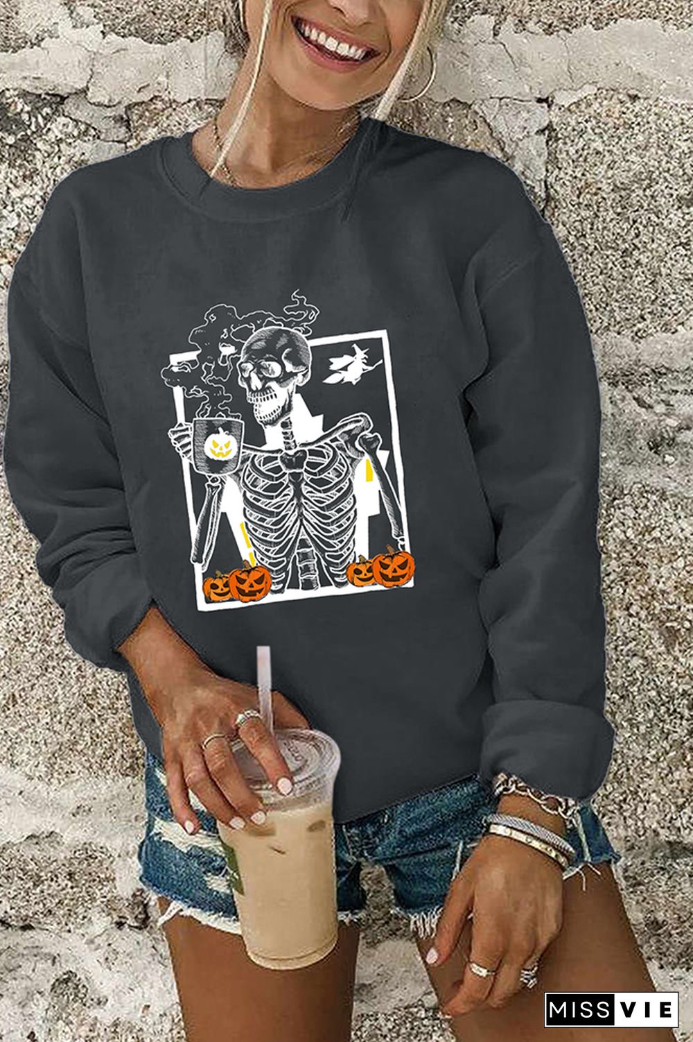 Skeleton and Pumpkin Halloween Crewneck Sweatshirt Wholesale