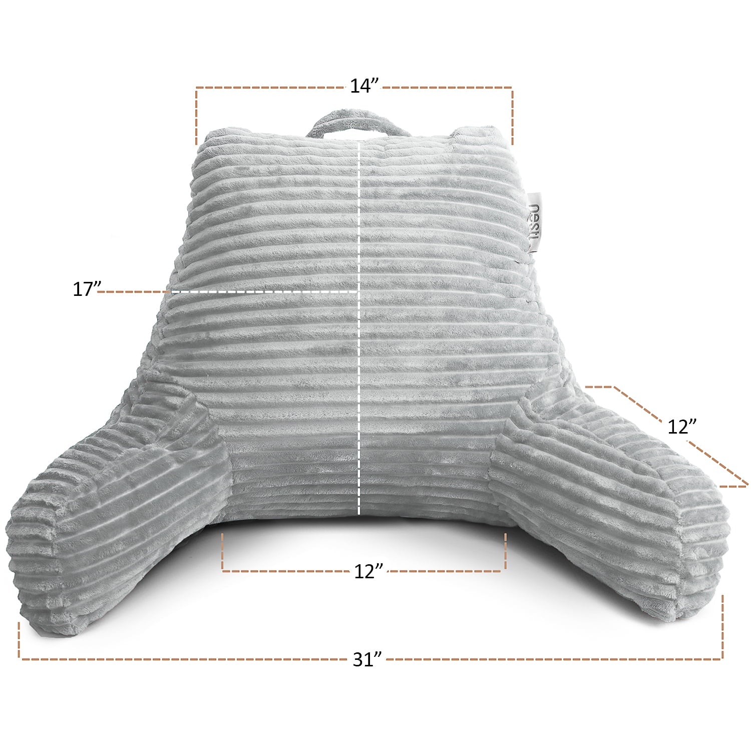 Nestl Backrest Reading Pillow, Back Support Pillow with Arms, Shredded Memory Foam Bed Rest Pillow, Silver Gray