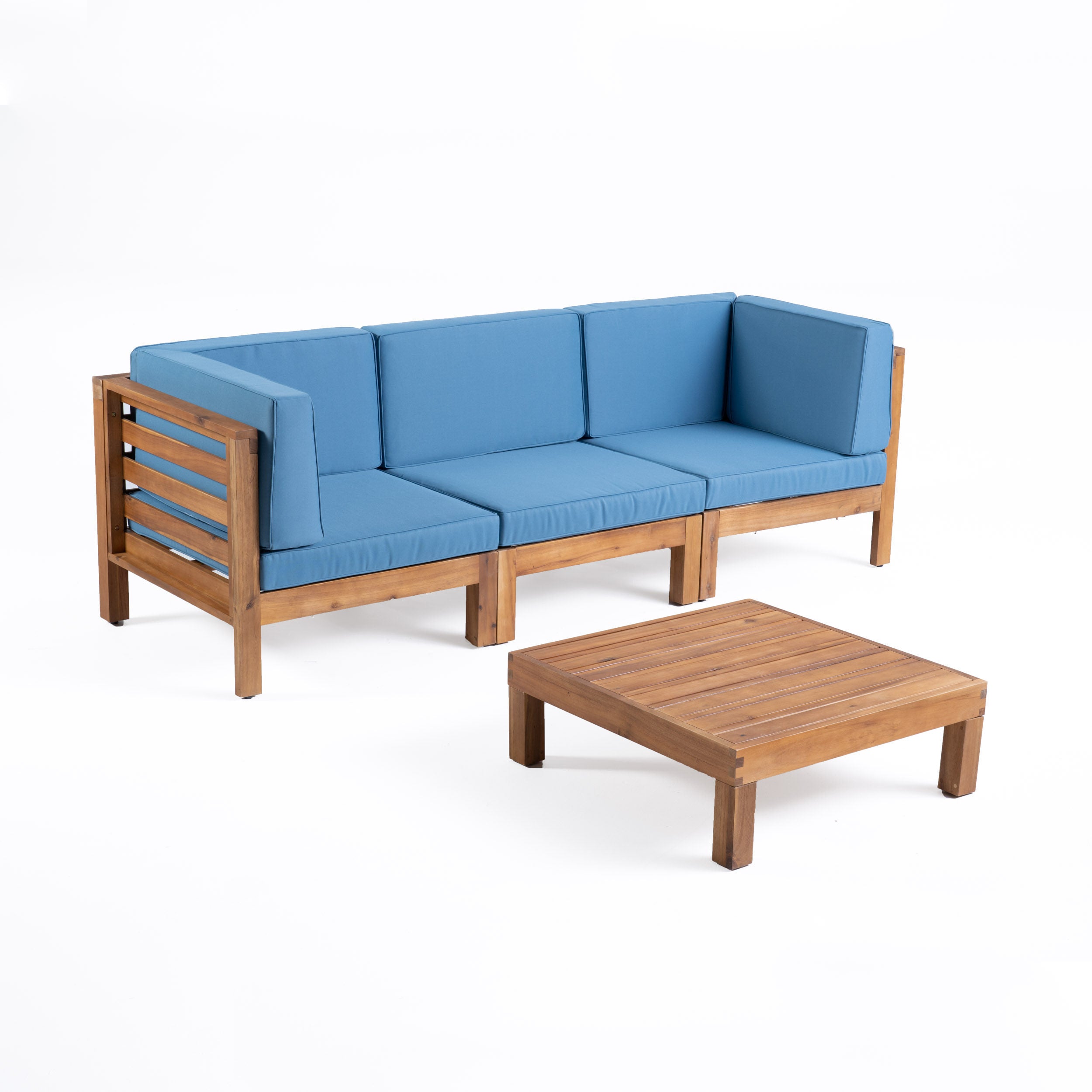 Dawson Outdoor Sectional Sofa Set with Coffee Table - 4-Piece 3-Seater - Acacia Wood - Outdoor Cushions