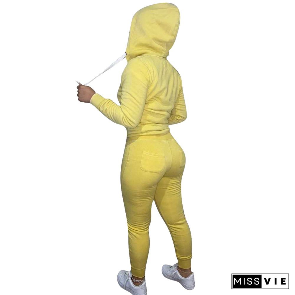 Solid Hooded Zip Sweatshirt Top Drawstring Pants Set