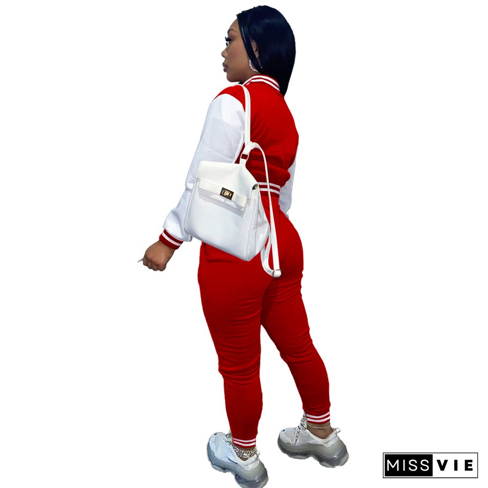 Letter Print Baseball Jacket Sporty Pants Set