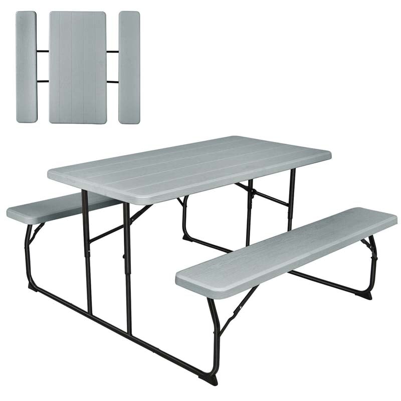 4-Person Folding Picnic Table Bench Set with Wood-like Texture & Metal Frame, Portable Outdoor Camping Dining Table Set