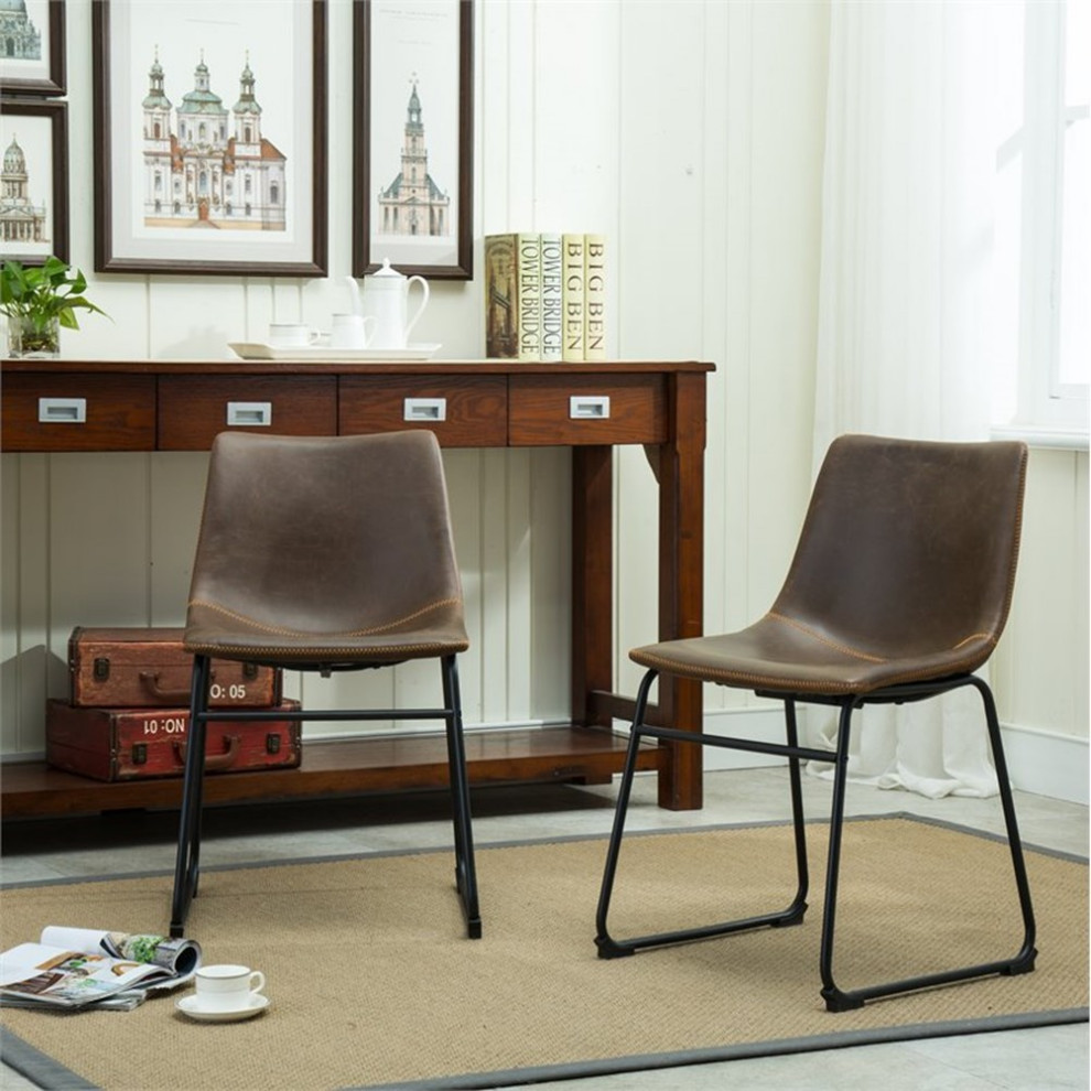 Roundhill Furniture Lotusville PU Leather Dining Chair Antique Brown (Set of 2)   Industrial   Dining Chairs   by Homesquare  Houzz