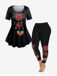 Heart Print Tee and High Waist Skinny Leggings Plus Size Outfit