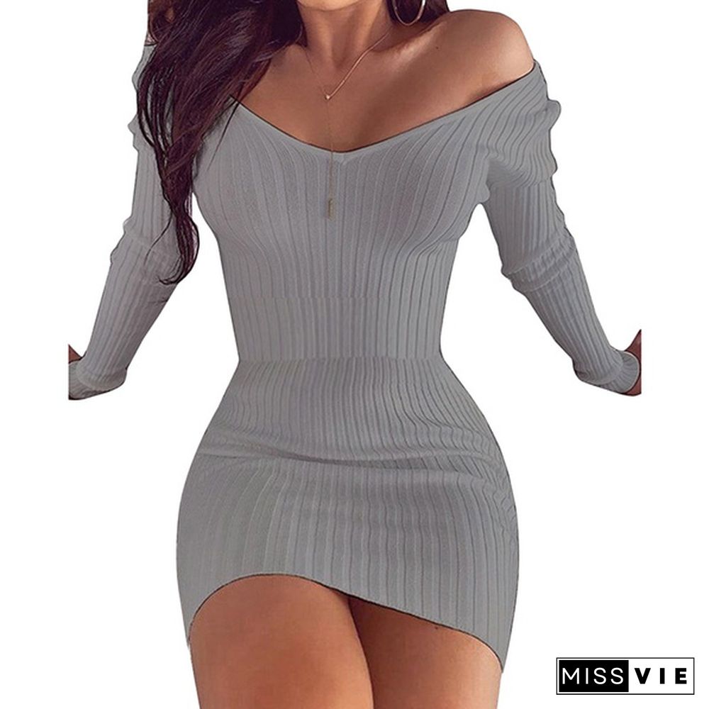 Fashion Women V-neck Bodycon Sexy Knitted Dresses Petal Cuff Pullover Mini solid Dress for Woman