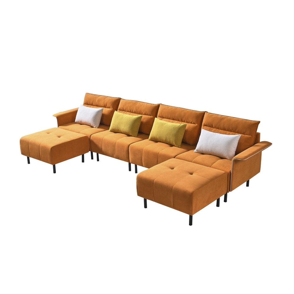 Mid Century Living Room Suede Sofa Set  4 Seat Sectional Sofa and Stool  with Solid Wood Frame and High foot Hardware Legs