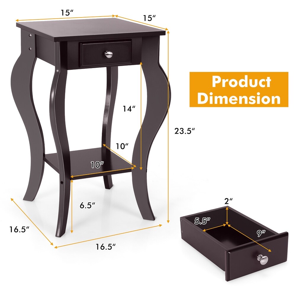 Costway End Side Table with Drawer Bottom Shelf Accent Nightstand   15''x 15'' x 23.5''