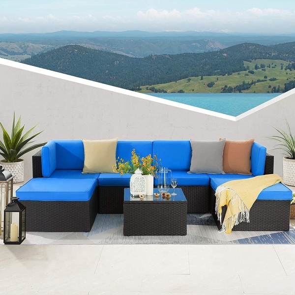 Bossin 7 Pieces Patio Furniture Sets，Outdoor Sectional Sofa，Rattan Wicker Couch with Washable Cushions and Glass Table