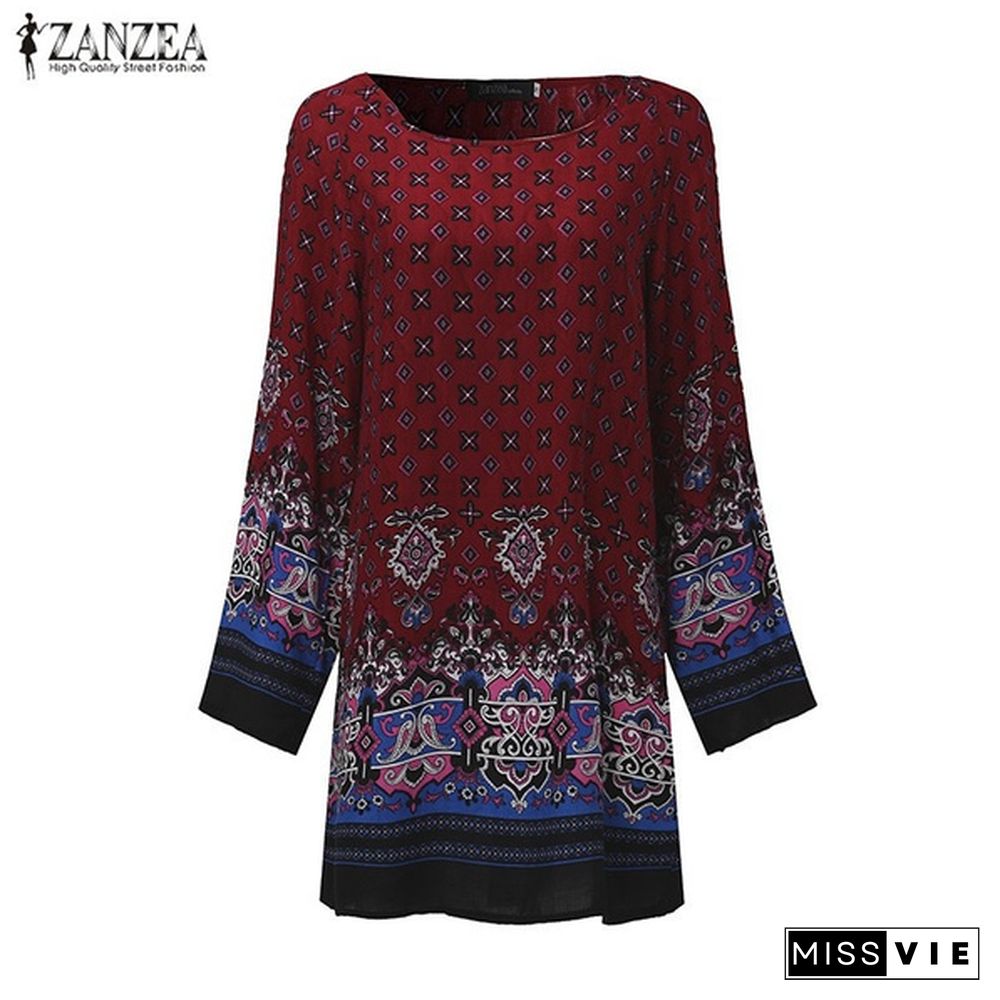 Zanzea Women Round Neck Floral Print Mini Dress Boho Ladies Casual Loose Long Tops Shirt Blouse