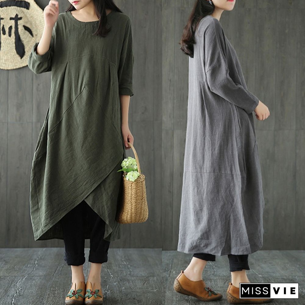 Vintage Women Cotton Crewneck Long Sleeve Baggy Tops Asymmetrical Hem Midi Dress