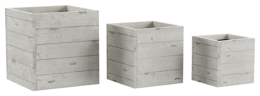 Fiber Clay Planters 3 Piece Varying Height Square Wood Look Pot Set   Farmhouse   Outdoor Pots And Planters   by Trademark Global  Houzz