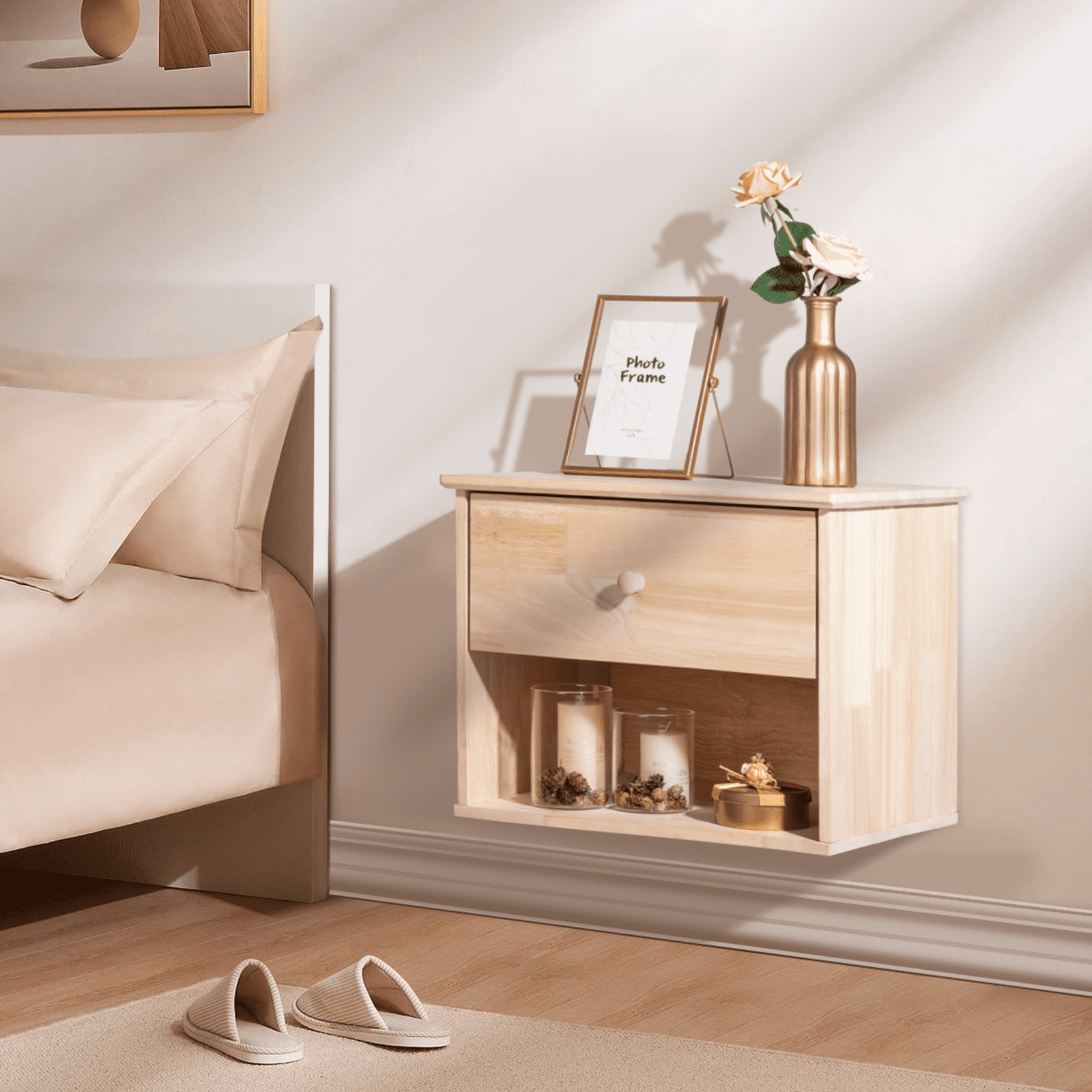 VINGLI Unfinished Natural Solid Wood Floating Nightstand Vintage Wall-Mounted Nightstand/Bedside Table W/ Drawer & Shelf