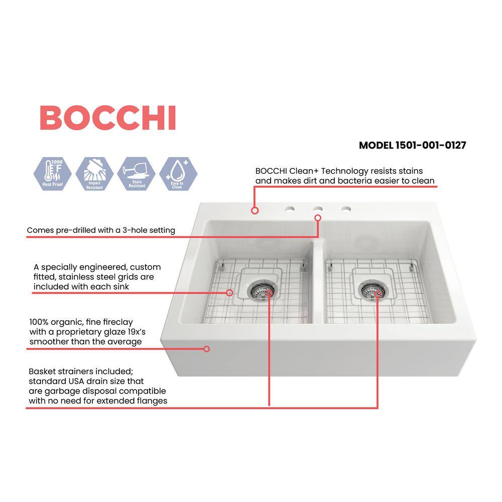 BOCCHI Nuova White Fireclay 34 in. Double Bowl Drop-In Apron Front Kitchen Sink with Protective Grids and Strainers 1501-001-0127